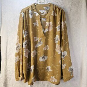 Ava & Viv Women Blouse Olive Brown Floral V-Neck Long Sleeve Relax 2X Travel